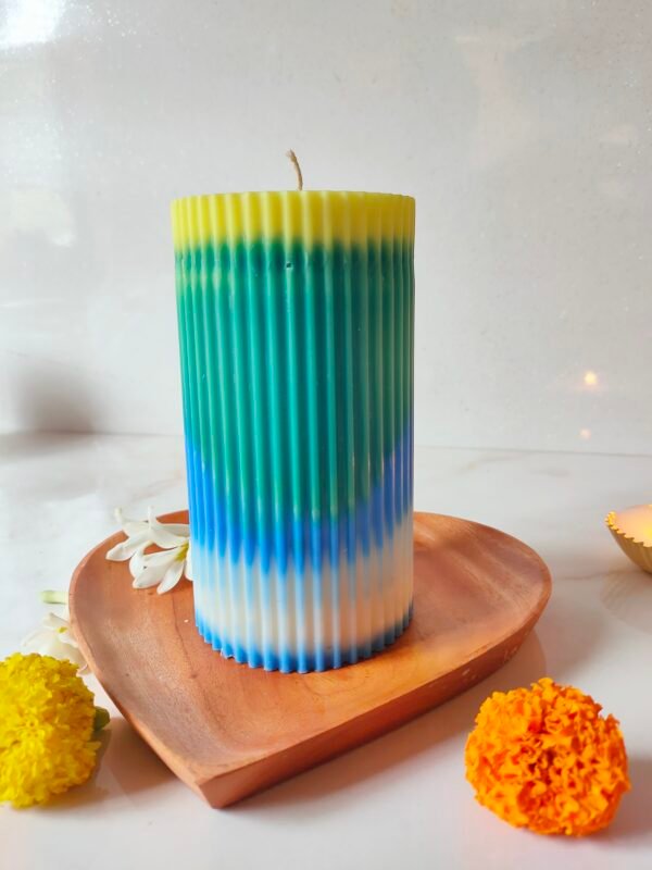 Ribbed Pillar Candle – Yellow, Blue & White Ombre Effect